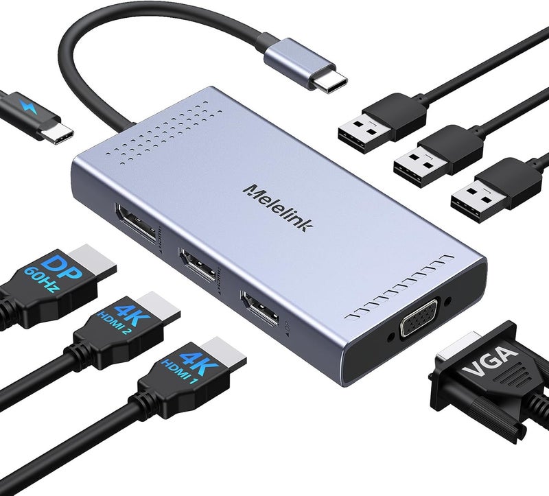 Melelink USB C Docking Station Dual HDMI Monitor Adapter, USB C Hub 3 Monitors Adapter with 2x HDMI 4K,Displayport,VGA,100W PD Charging,3 USB2.0, 8 in 1 Laptop Docking Station for Dell, HP, Lenovo,etc - Image 1